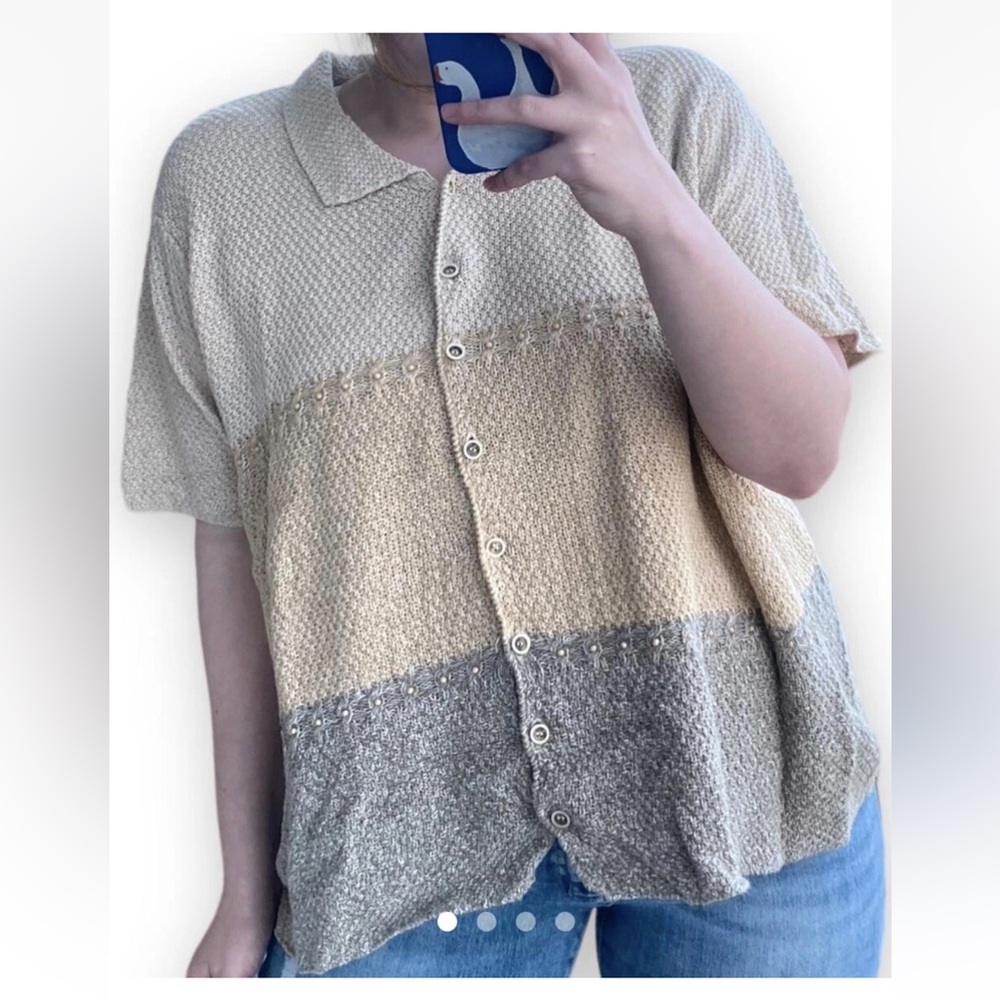 Koret Women's Grey and Cream Color Block Knitting Button Up Shirt
